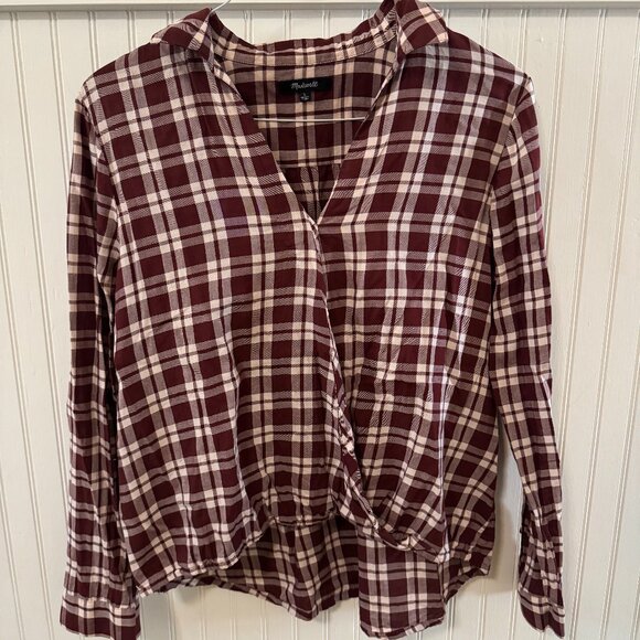 Madewell Red/Cream Plaid Drape Collar Shirt - Picture 1 of 3